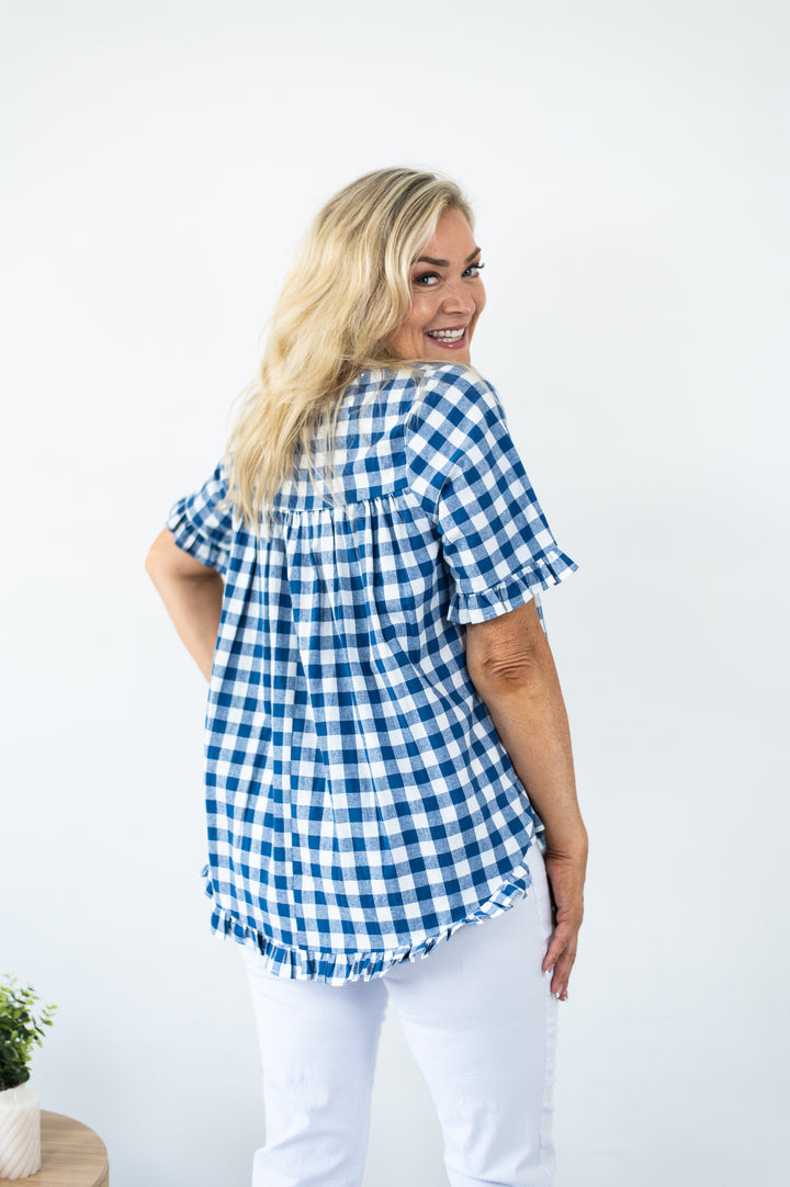 Cotton Gingham Frill Top Blue