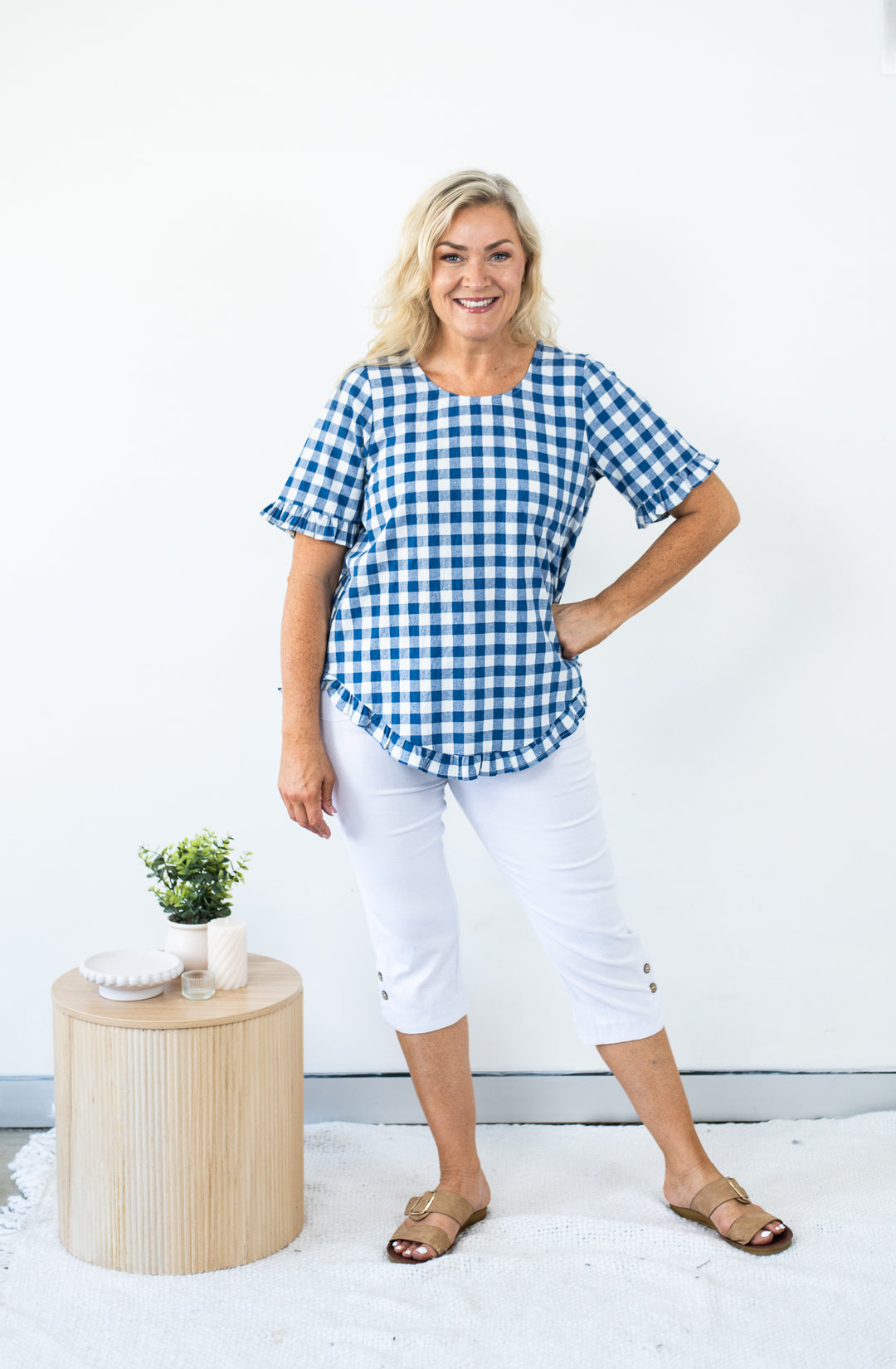 Cotton Gingham Frill Top Blue