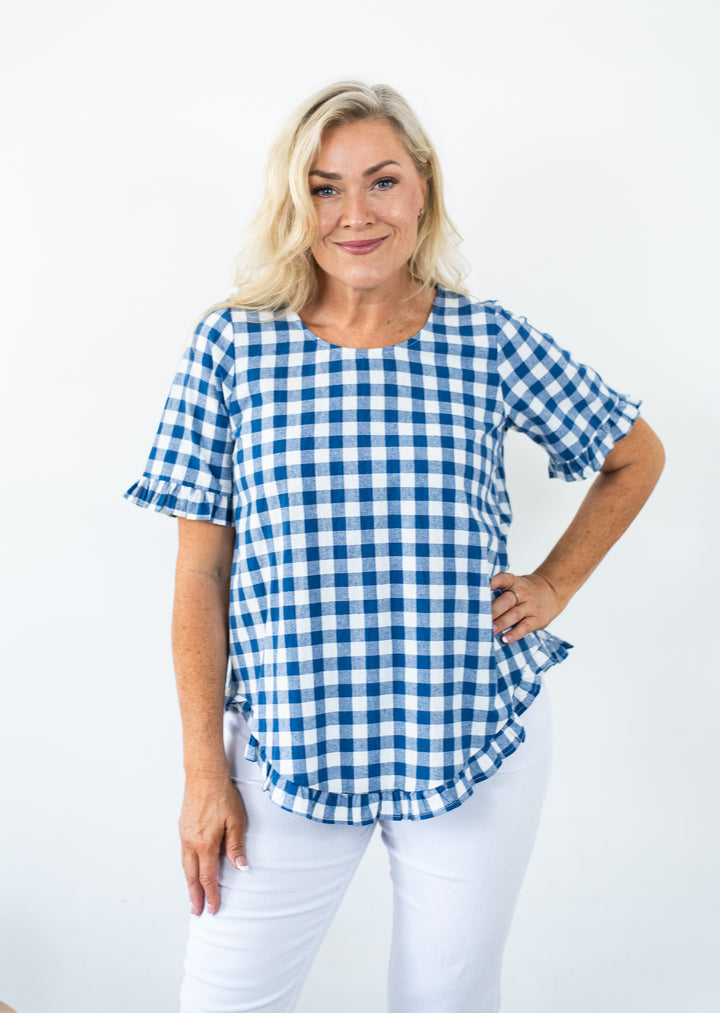 Cotton Gingham Frill Top Blue