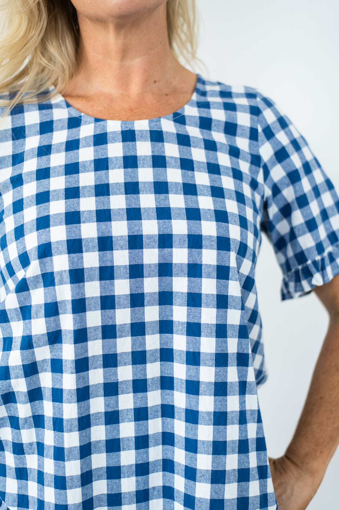 Cotton Gingham Frill Top Blue