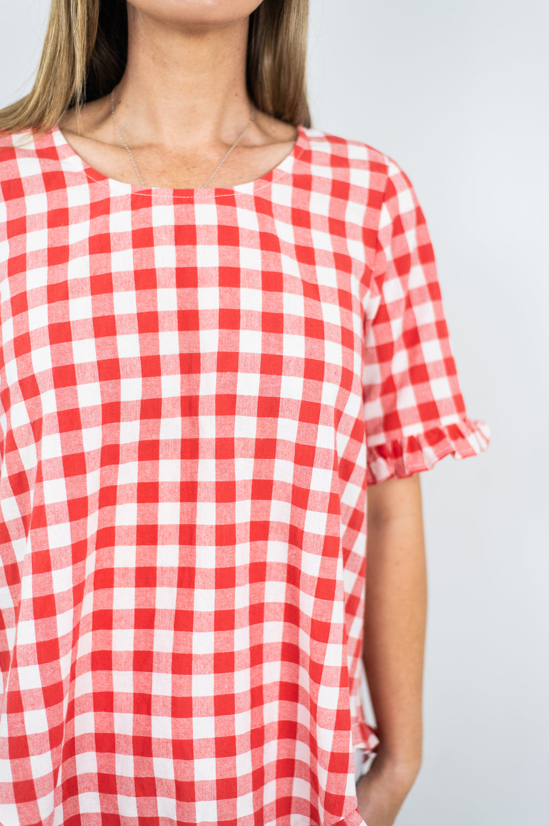 Cotton Gingham Frill Top Cherry