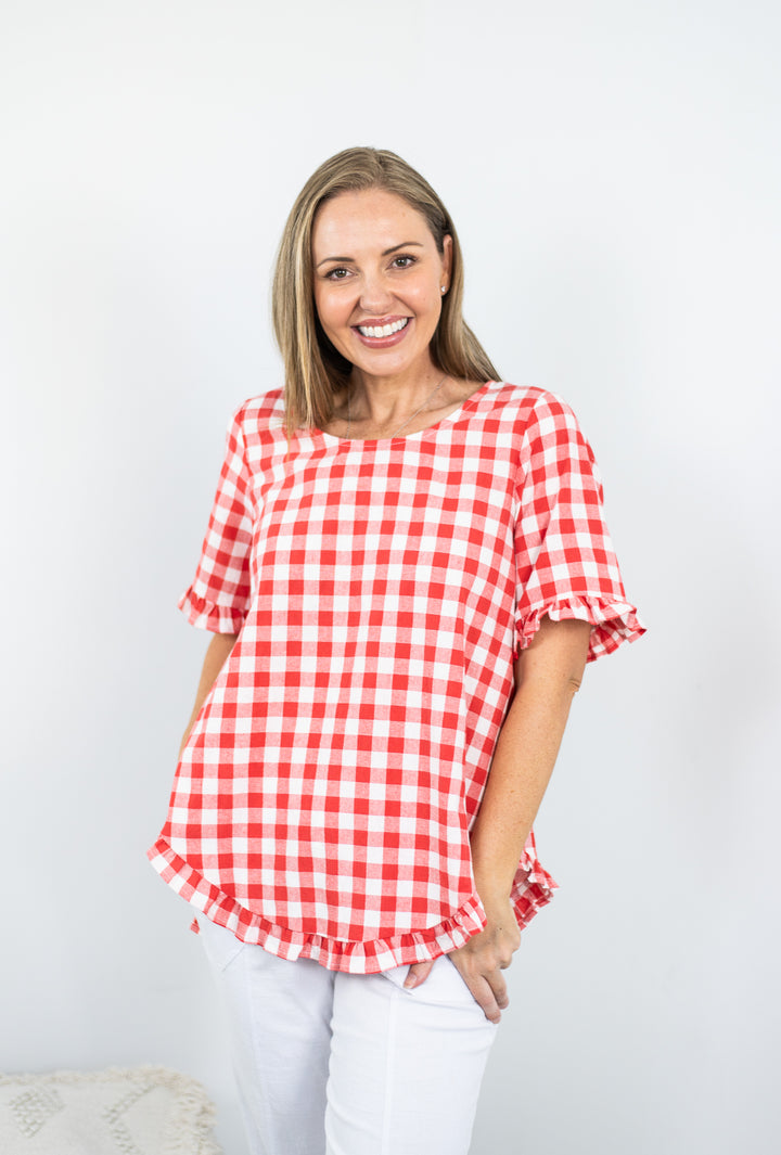 Cotton Gingham Frill Top Cherry