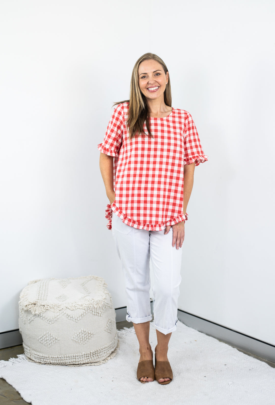 Cotton Gingham Frill Top Cherry