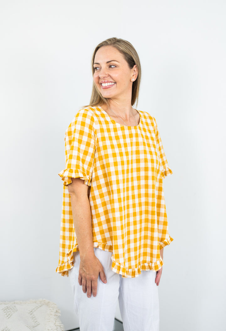 Cotton Gingham Frill Top Mustard