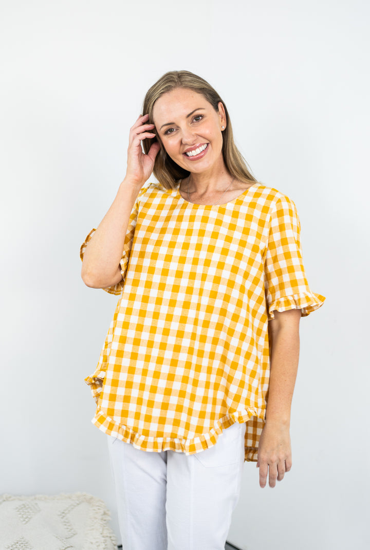 Cotton Gingham Frill Top Mustard