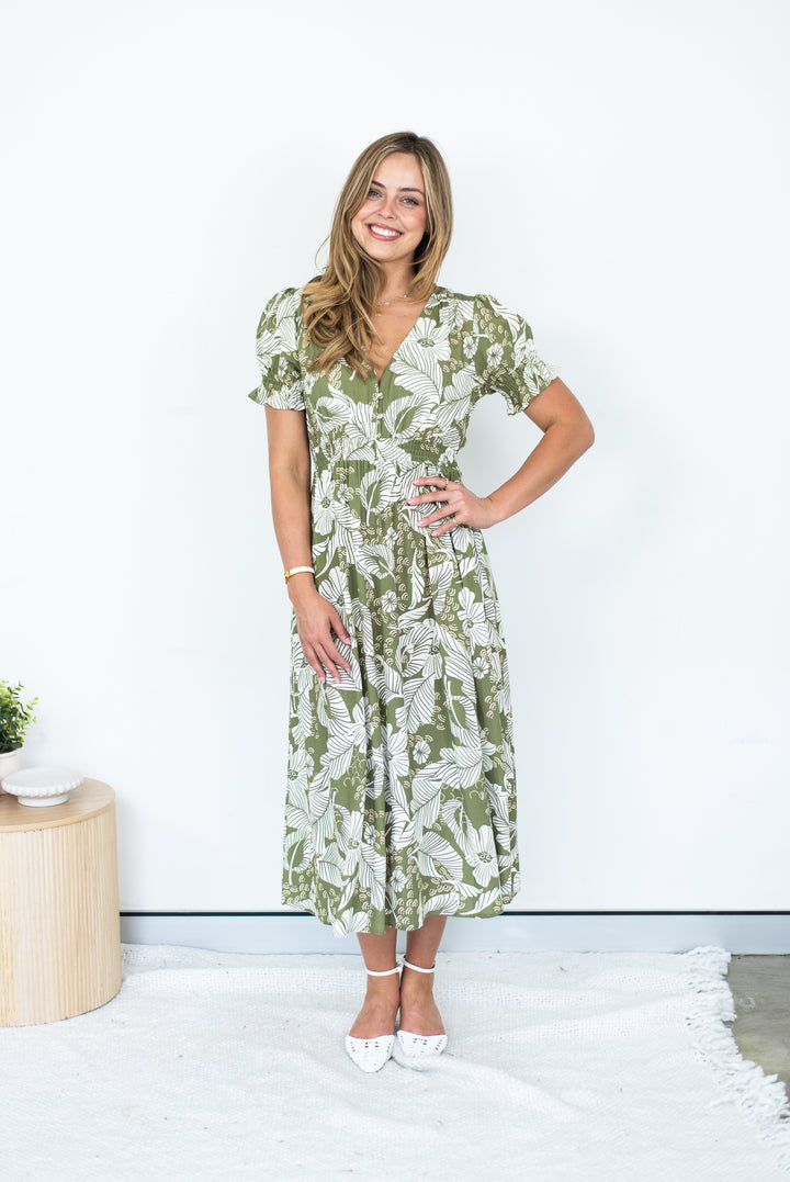 Petals Shirred Midi Dress