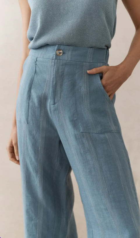 100% Linen Jude Pants - Denim Stripe