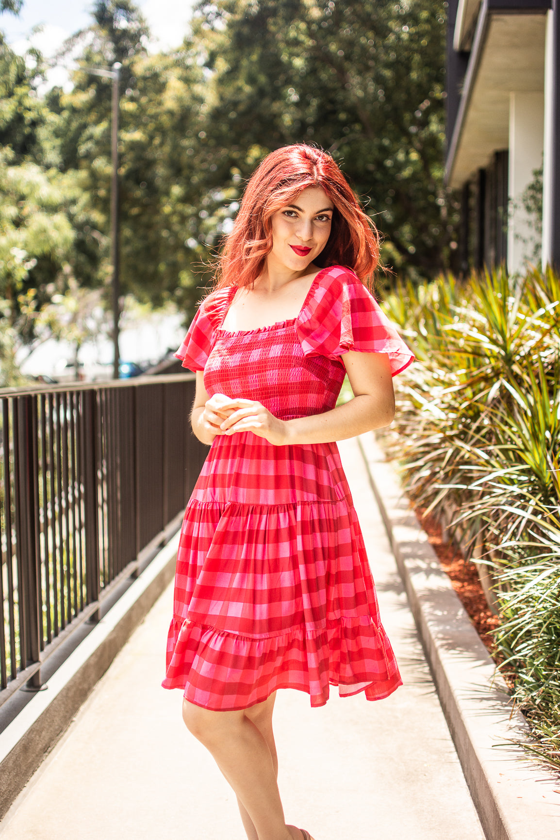 Red and white hot sale check dress